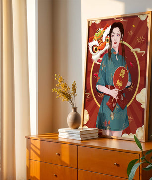 Elegant woman in traditional attire with lion dance mask in vibrant background