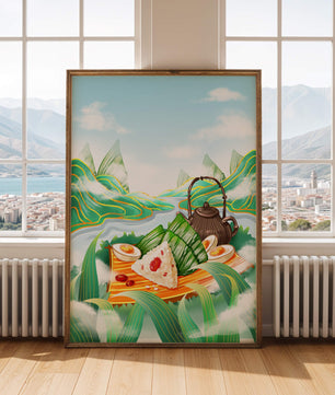 Peaceful Mountain Picnic with Rice Dumplings and Tea
