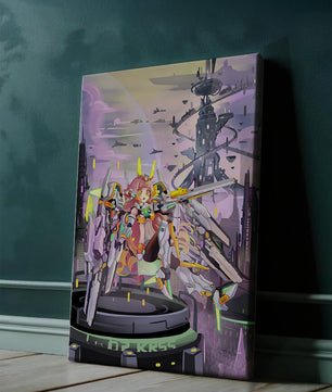 Ilustración futurista de una chica con un robot en un paisaje urbano de ciencia ficción