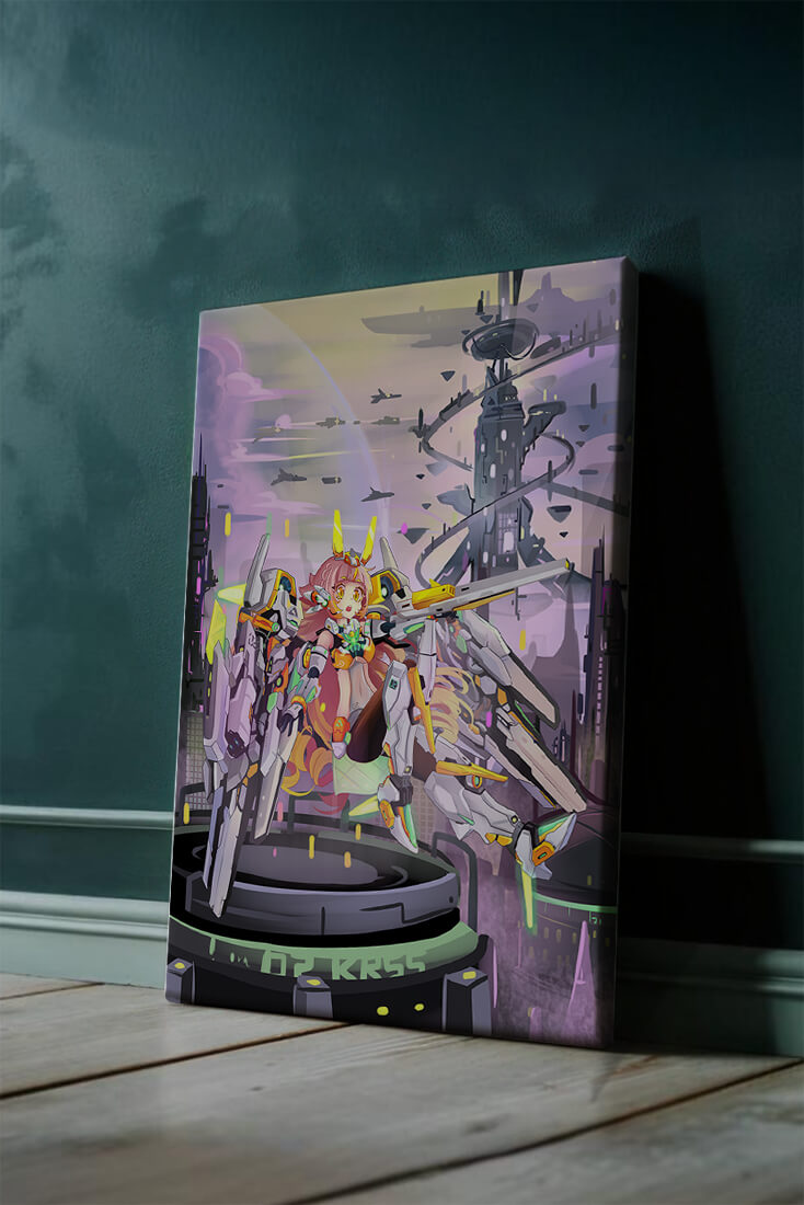 Futuristic illustration of girl with robot in sci-fi cityscape