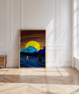 Paisaje surrealista con una puesta de sol vibrante y silueta