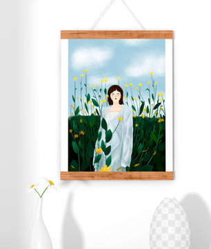 Femme en manteau blanc parmi les fleurs jaunes