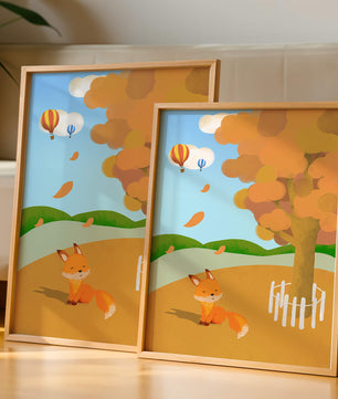 Herbstszene mit einem süßen Fuchs, Heißluftballons und einem bunten Baum