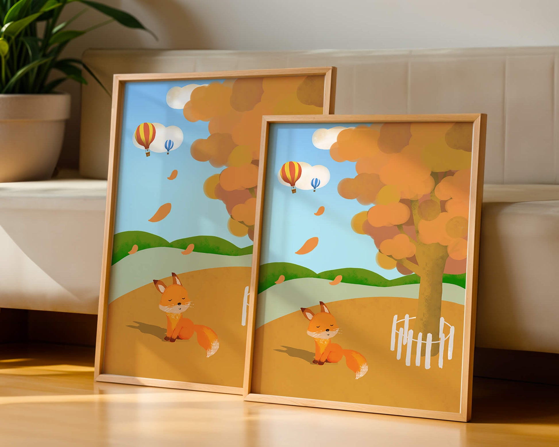 Herbstszene mit einem süßen Fuchs, Heißluftballons und einem bunten Baum