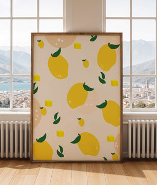 Playful lemon pattern with green leaves and abstract shapes