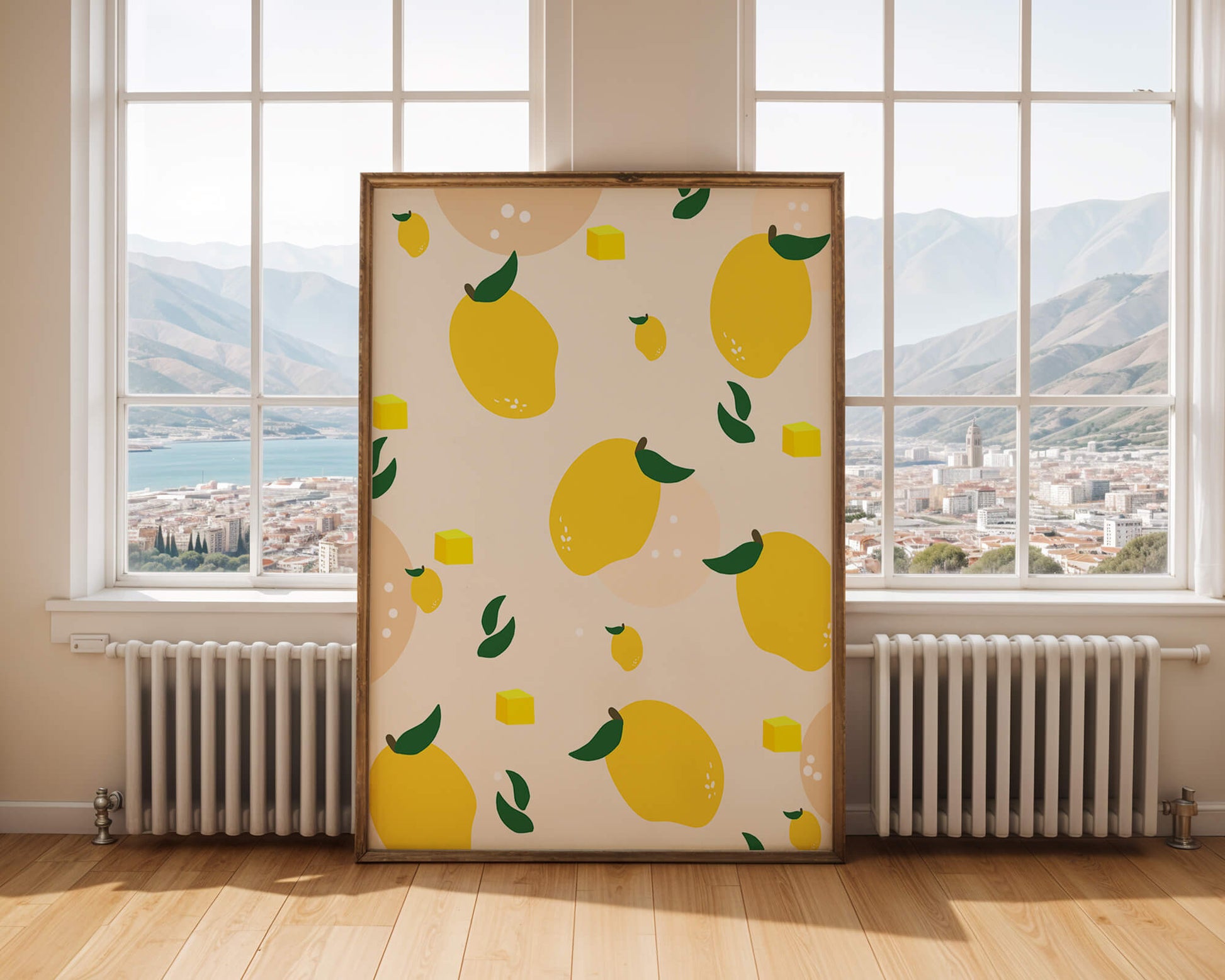 Playful lemon pattern with green leaves and abstract shapes
