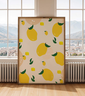 Playful lemon pattern with green leaves and abstract shapes