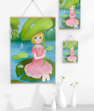Whimsical Illustration of a Young Girl in a Pink Dress Sitting on a Lily Pad