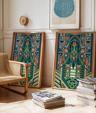 Design géométrique abstrait inspiré de l’Art déco avec des motifs symétriques et un motif animal