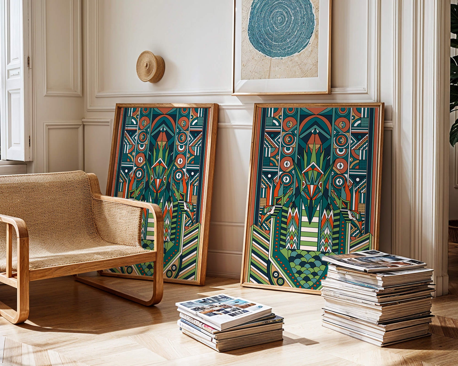 Art Deco Inspired Abstract Geometric Design with Symmetrical Patterns and Animal Motif