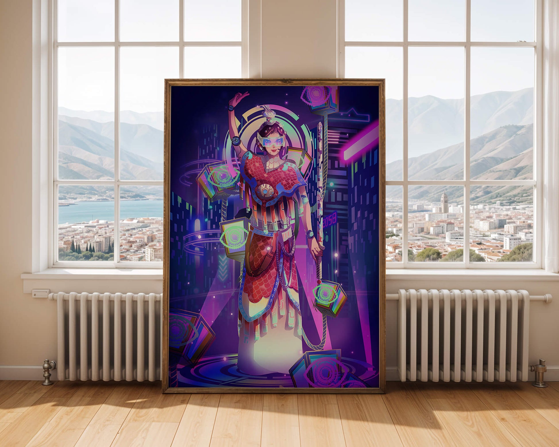 Futuristic warrior in vibrant neon cityscape with digital elements