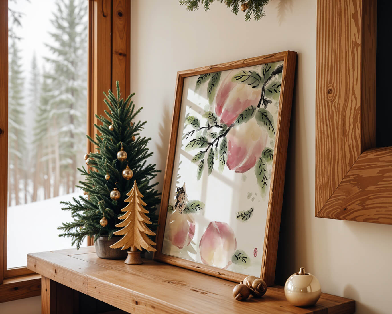 Encantadora ilustración de una chica entre flores de melocotón y hojas verdes