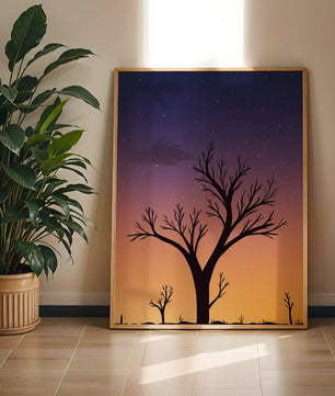Silhouette Of Tree Against Stunning Sunset Sky With Stars
