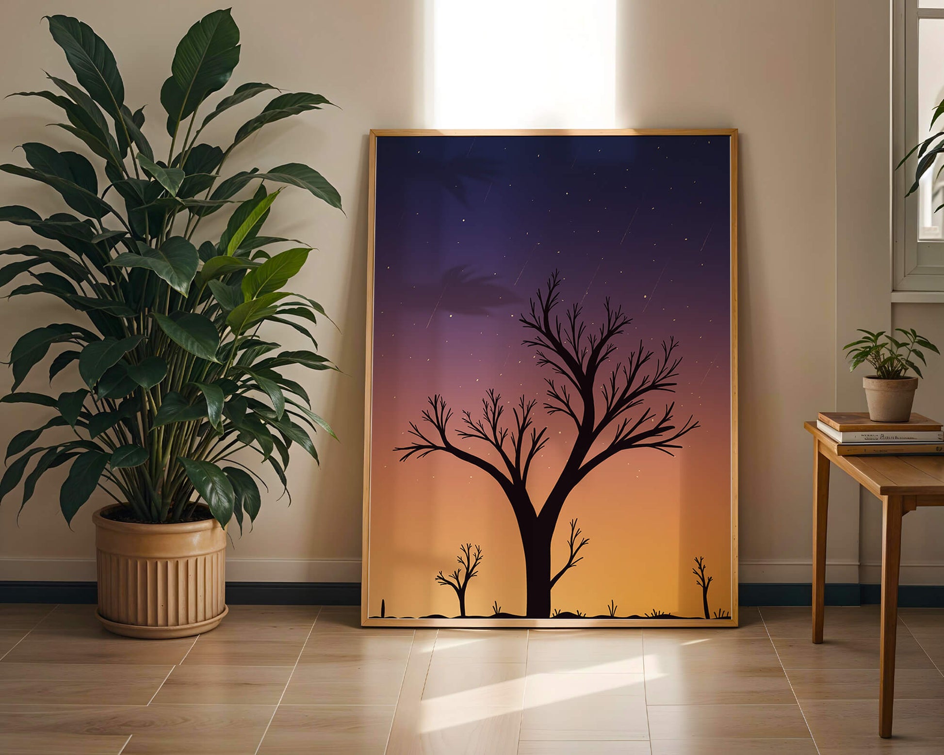 Silhouette Of Tree Against Stunning Sunset Sky With Stars
