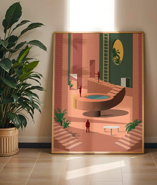Modernes architektonisches Interieur mit geometrischem Design und Grün