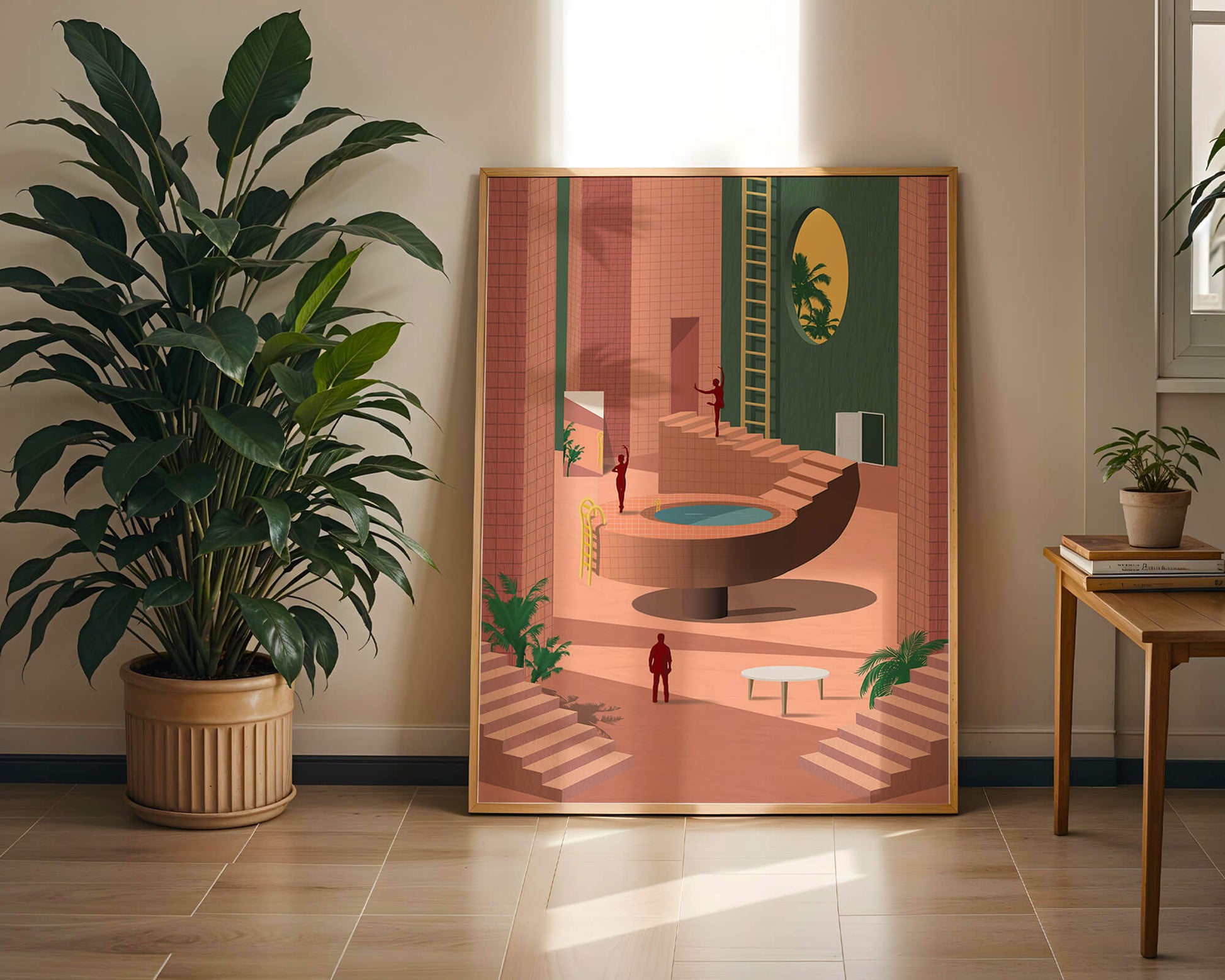 Modern architectural interior with geometric design and greenery