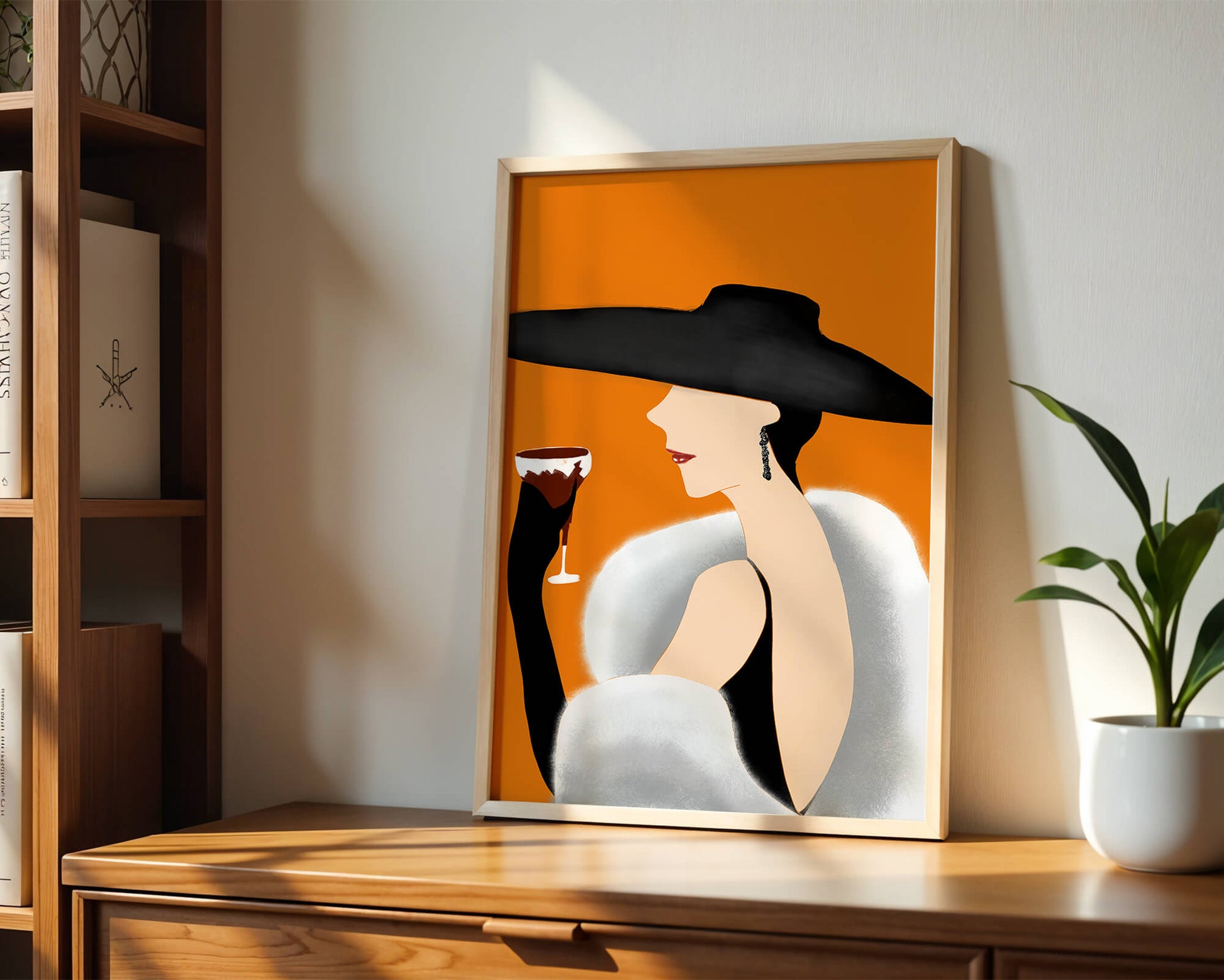 Elegant Woman in Black Hat and White Fur with Wine Glass