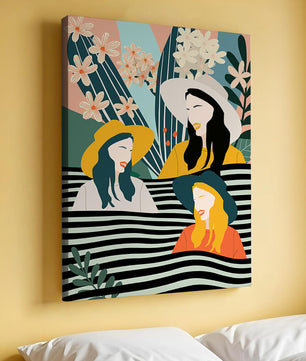 Illustration abstraite colorée de trois femmes avec des éléments floraux et botaniques