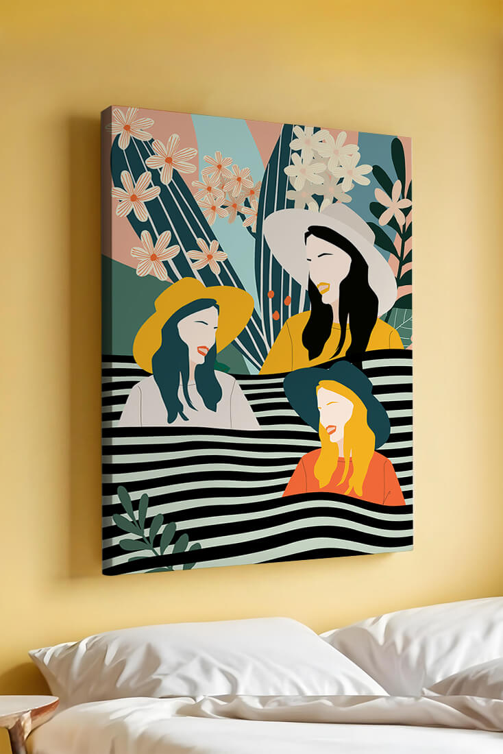 Illustration abstraite colorée de trois femmes avec des éléments floraux et botaniques
