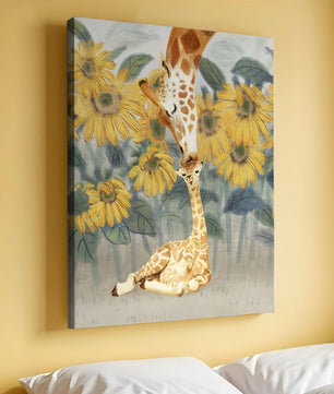 Pintura acuarela de jirafas y girasoles en una escena tierna de una familia de jirafas