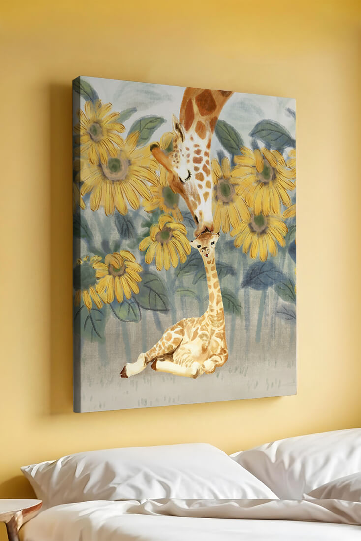 Giraffe and sunflowers watercolor painting of tender giraffe family scene
