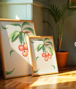 Ilustración realista de rama de cerezo con hojas verdes
