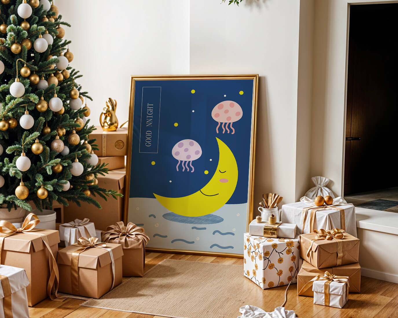 Whimsical night scene with a smiling moon and playful jellyfish
