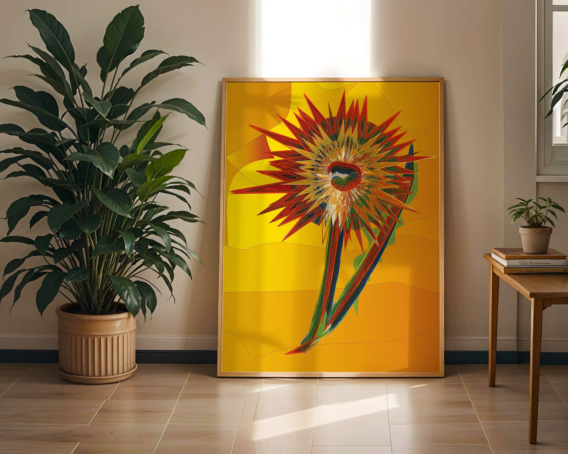 Abstract vibrant sunflower art with dynamic geometric shapes