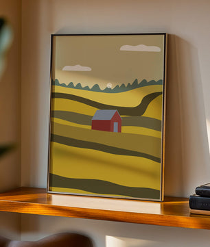 Landscape With Red Barn Amidst Rolling Hills Under Blue Sky
