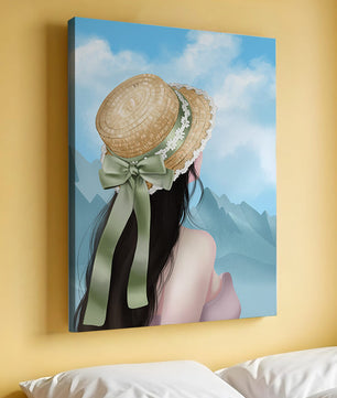 Woman with straw hat and mountain view under blue sky