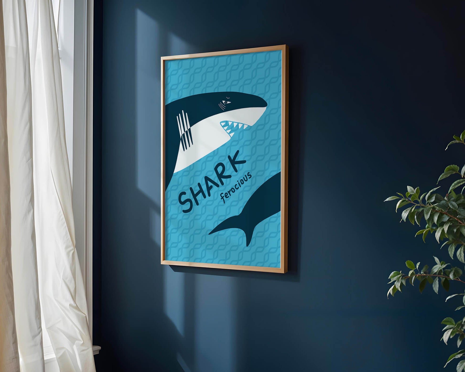 Illustrated shark graphic with blue background and typography