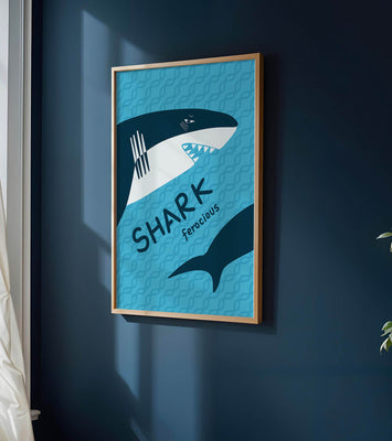 Illustrated shark graphic with blue background and typography