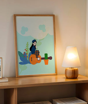 Illustration of a woman with coffee sitting on a guitar surrounded by foliage