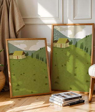 Charming countryside landscape with house and green hills