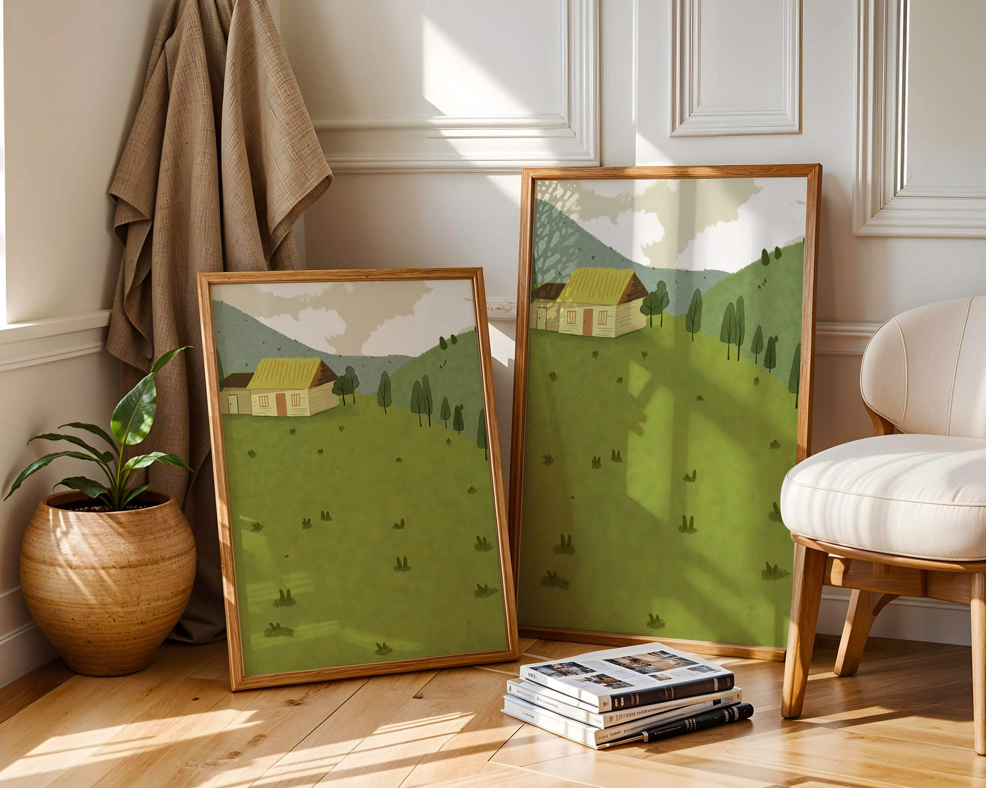 Charming countryside landscape with house and green hills