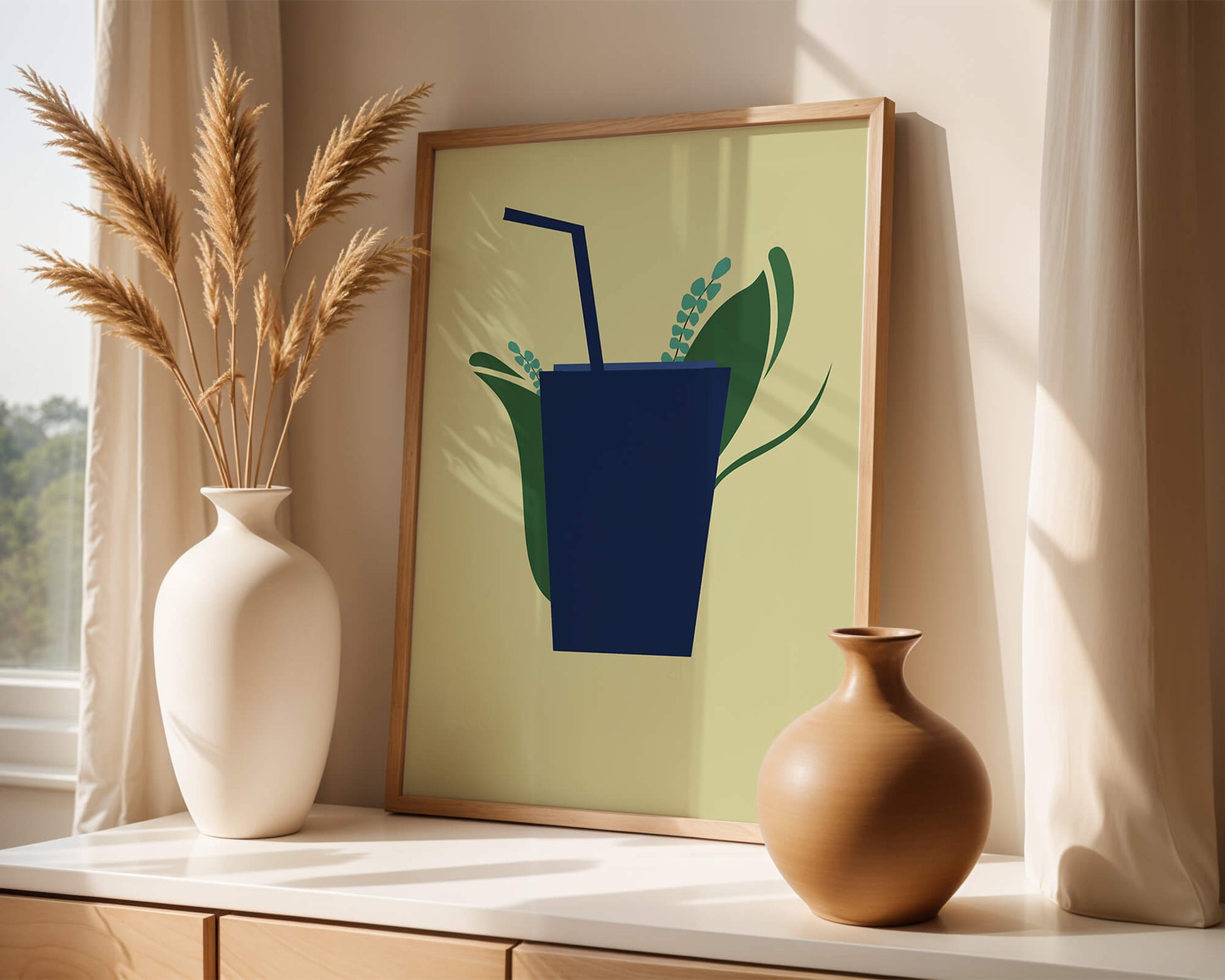 Modern cafe drink illustration with botanical elements