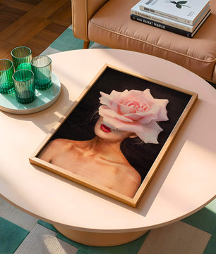 Woman with a Rose Head and Red Lips on a Dark Background - Mi tienda