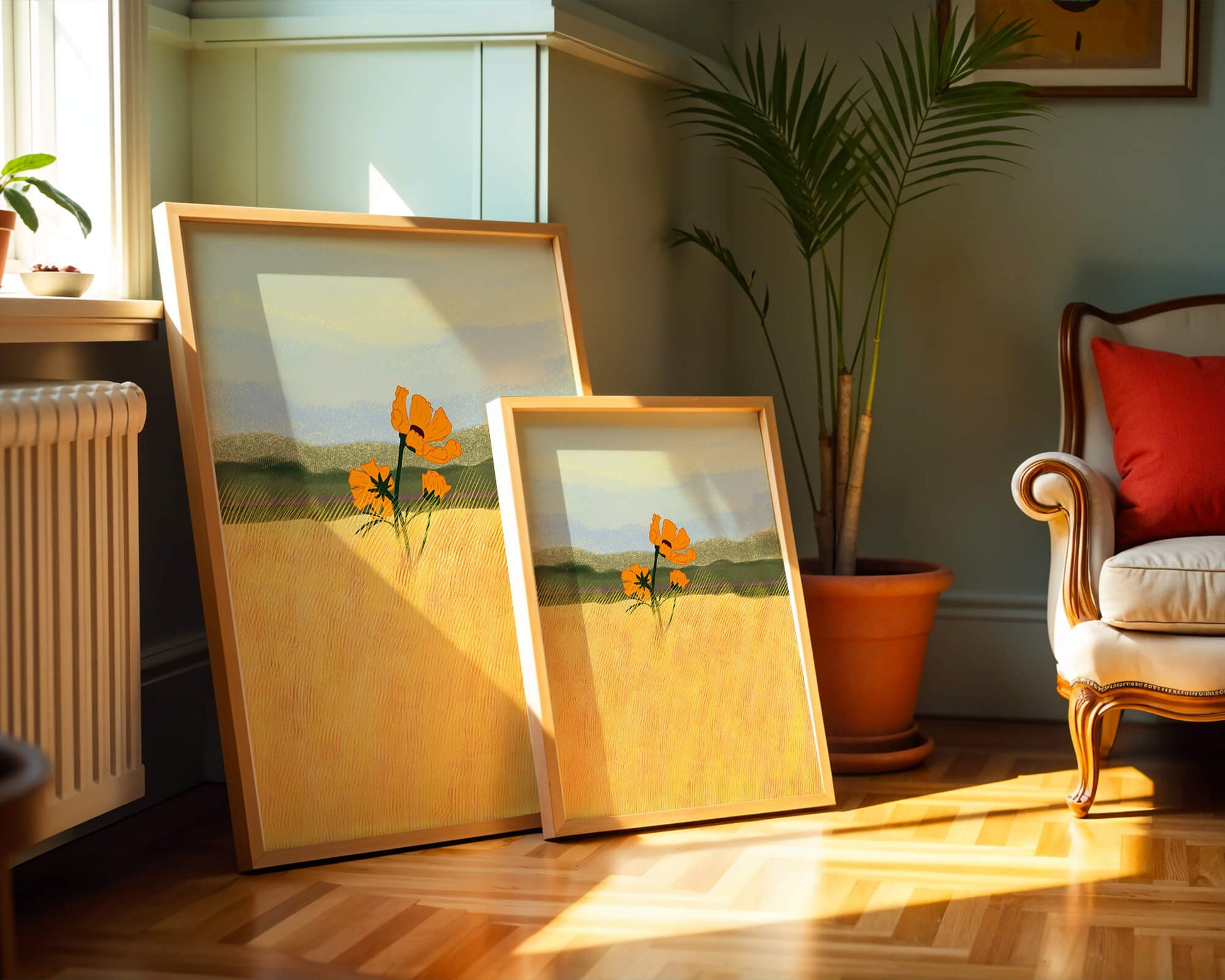 Orange Flowers in a Golden Field with Mountains and Blue Sky