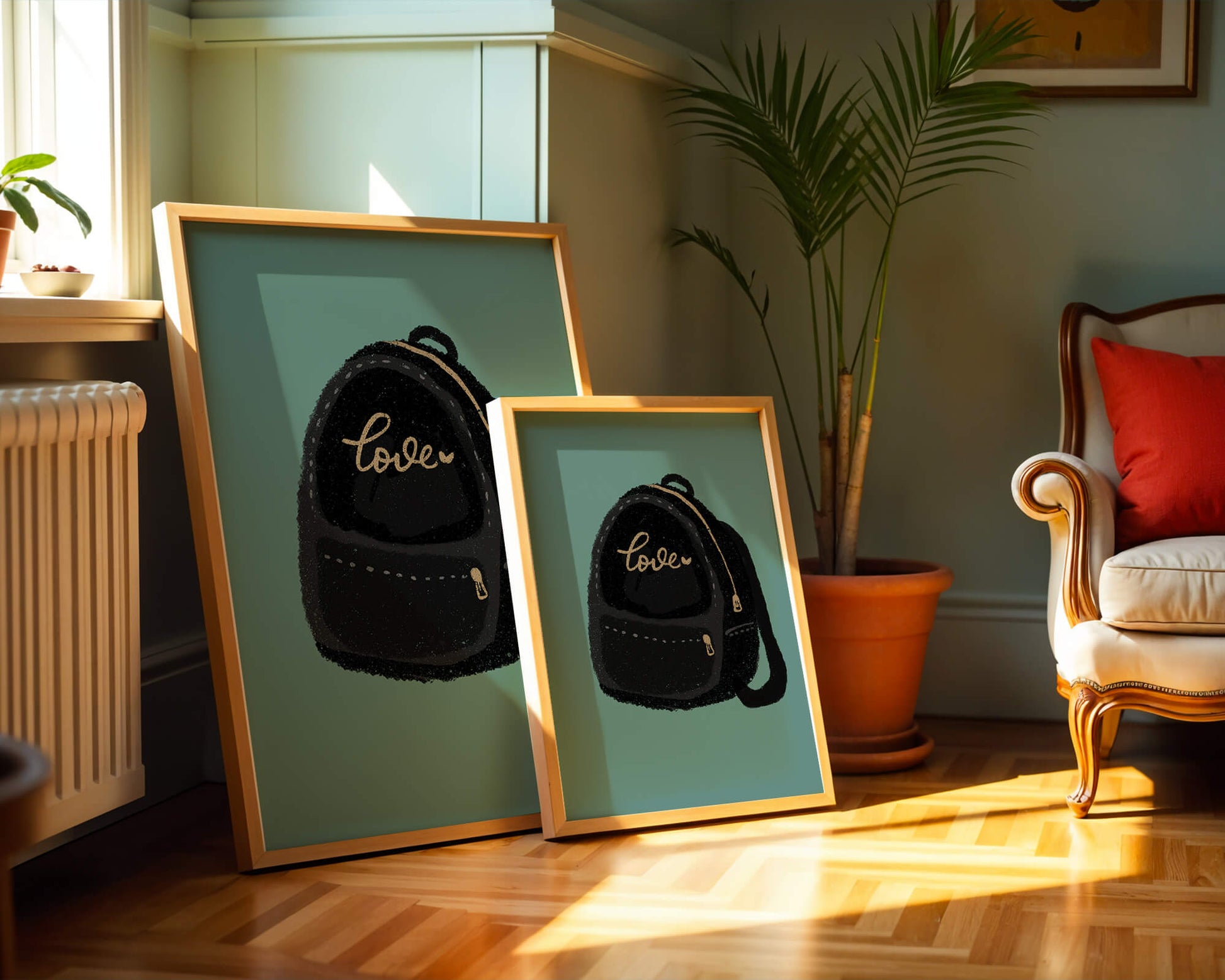 Elegant black backpack with gold accents and love inscription