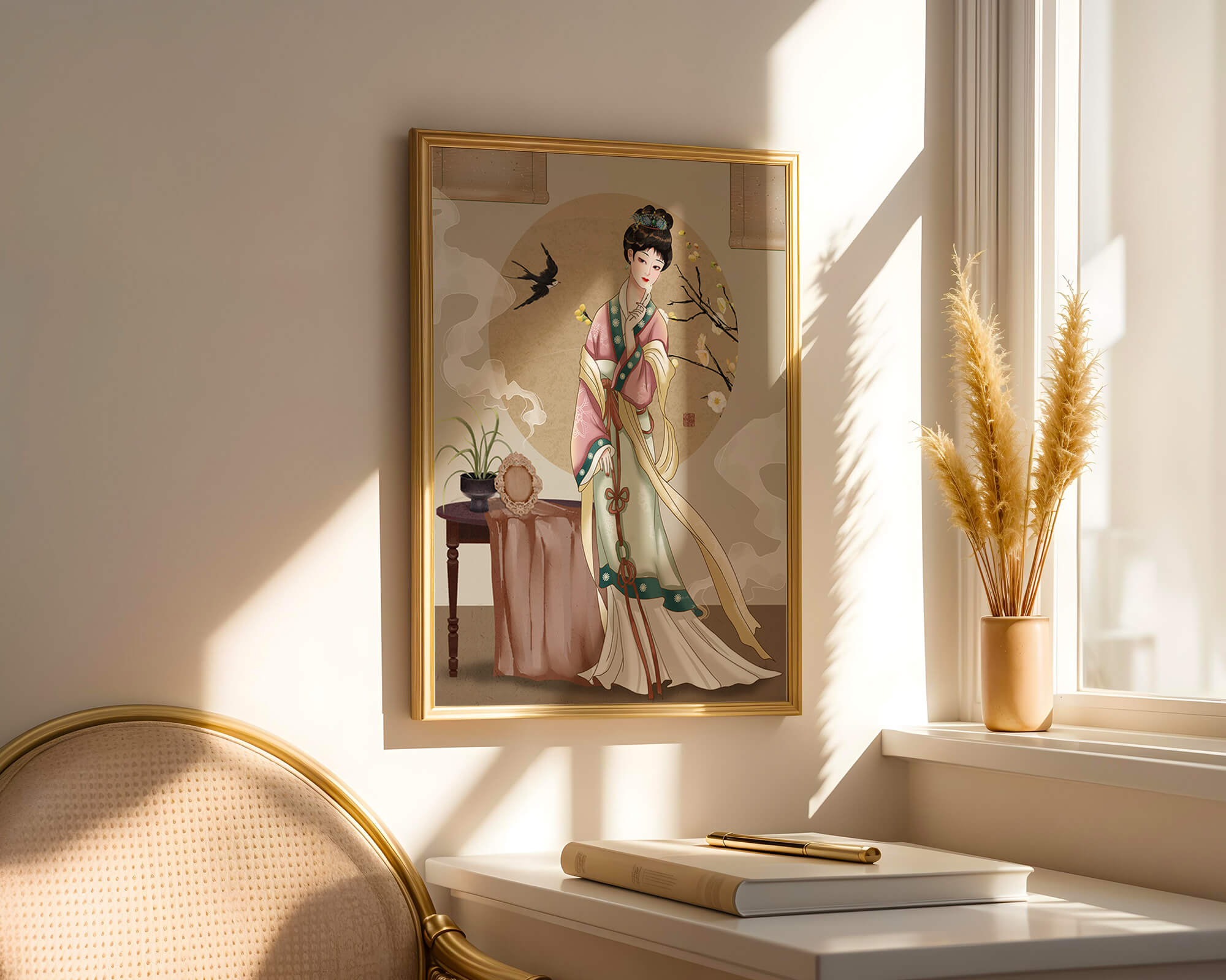 Elegant traditional Asian lady in classic attire with nature elements