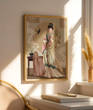 Elegante traditionelle asiatische Dame in klassischer Kleidung mit Naturelementen