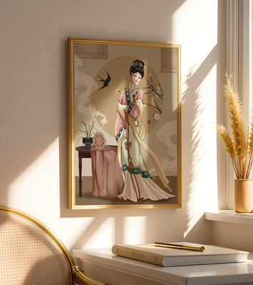 Elegant traditional Asian lady in classic attire with nature elements