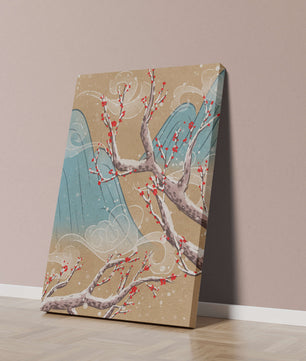 Traditional Japanese landscape with blooming cherry branches