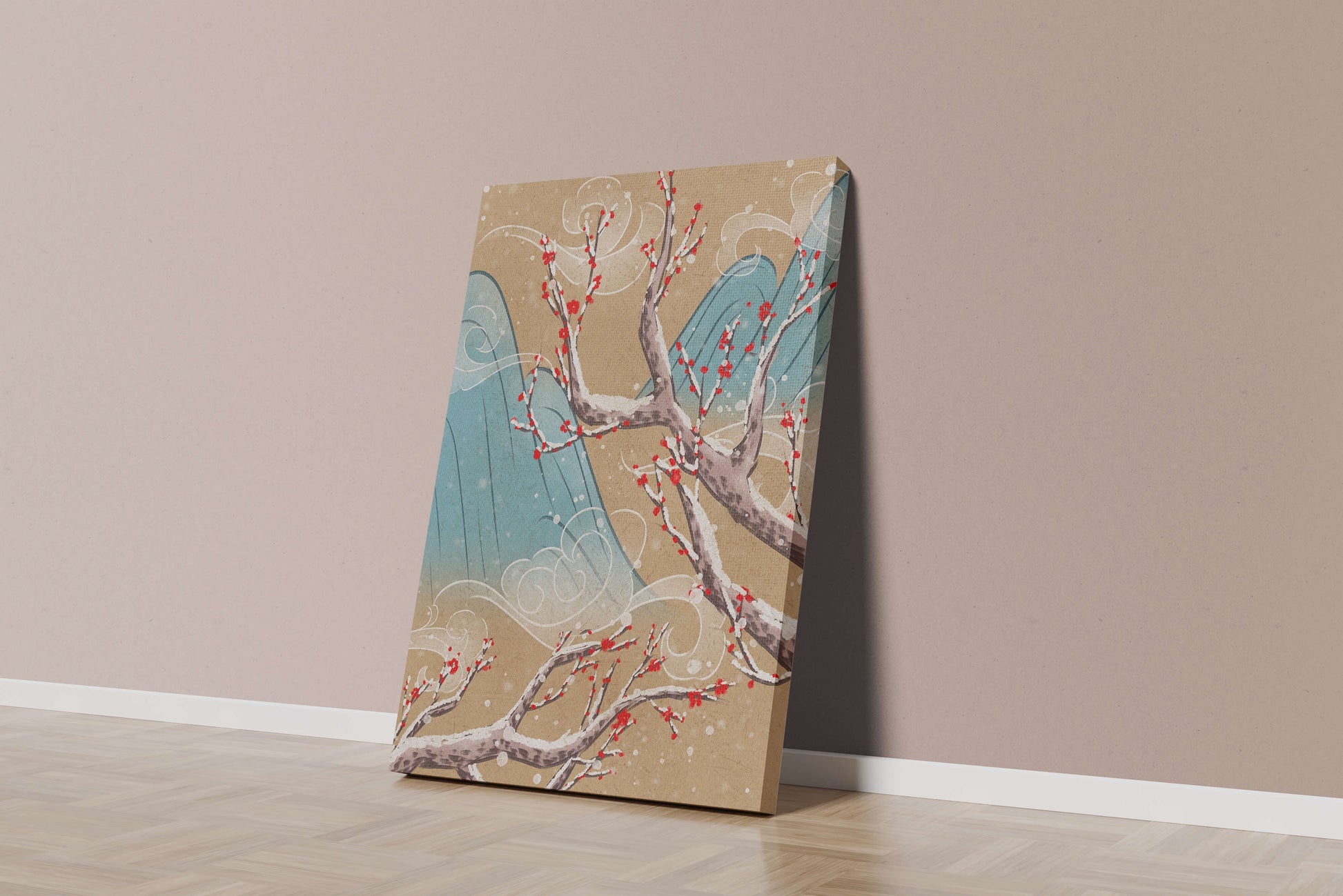 Traditional Japanese landscape with blooming cherry branches