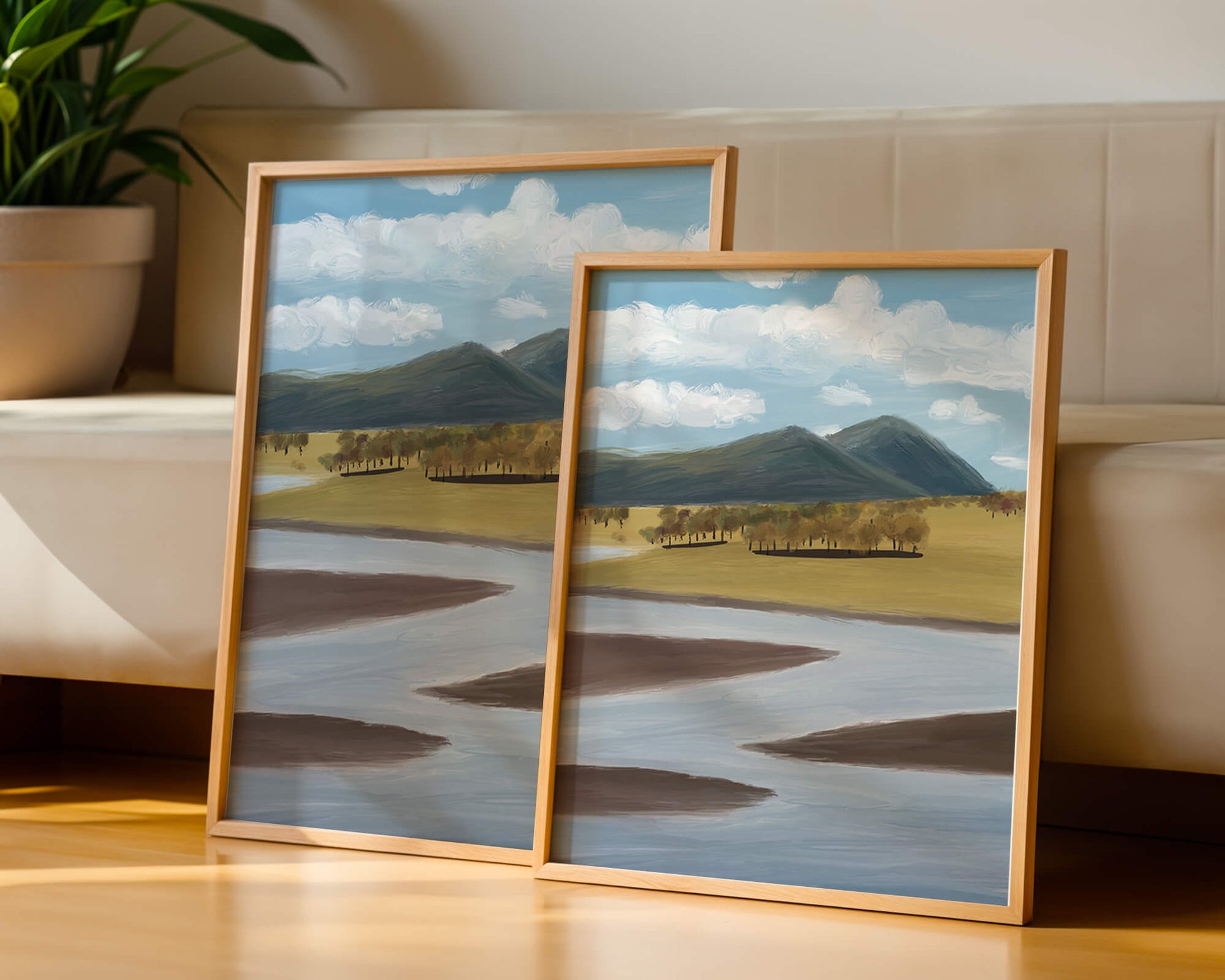 Serene Landscape with Mountains, Trees, and River