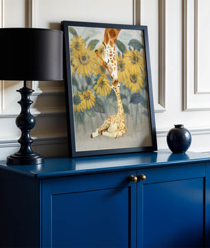 Pintura acuarela de jirafas y girasoles en una escena tierna de una familia de jirafas