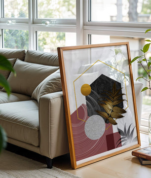 Abstract Geometric Composition with Gold and Leaf Motif - Mi tienda