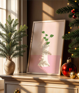Simple Minimalist Illustration of a White Vase with Green Leaves on a Pink Background - Mi tienda