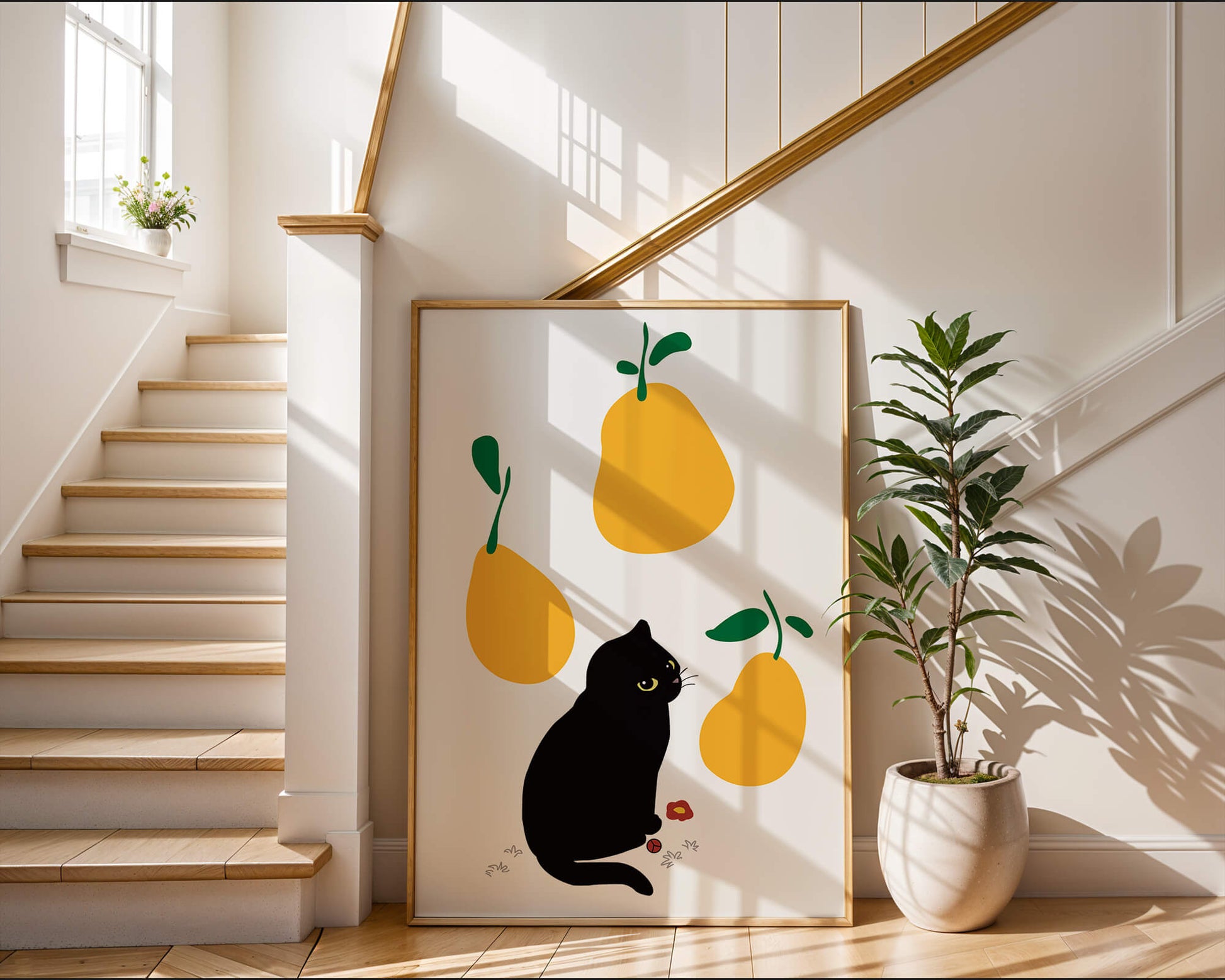 Ilustración de gato negro con peras amarillas y hojas verdes