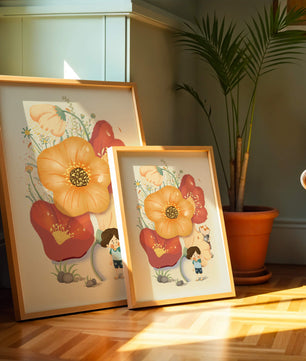 Charming Illustration of Children among Large Flowers with Playful Puppy